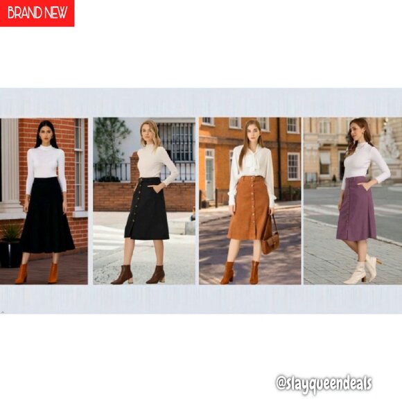 High Waist Corduroy Midi Skirt with Buttons & Belt, A-Line Fit - Picture 7 of 8